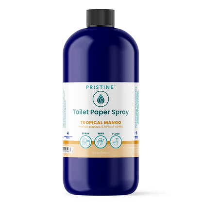 Pristine Toilet Paper Spray bottle with tropical mango scent on a white background