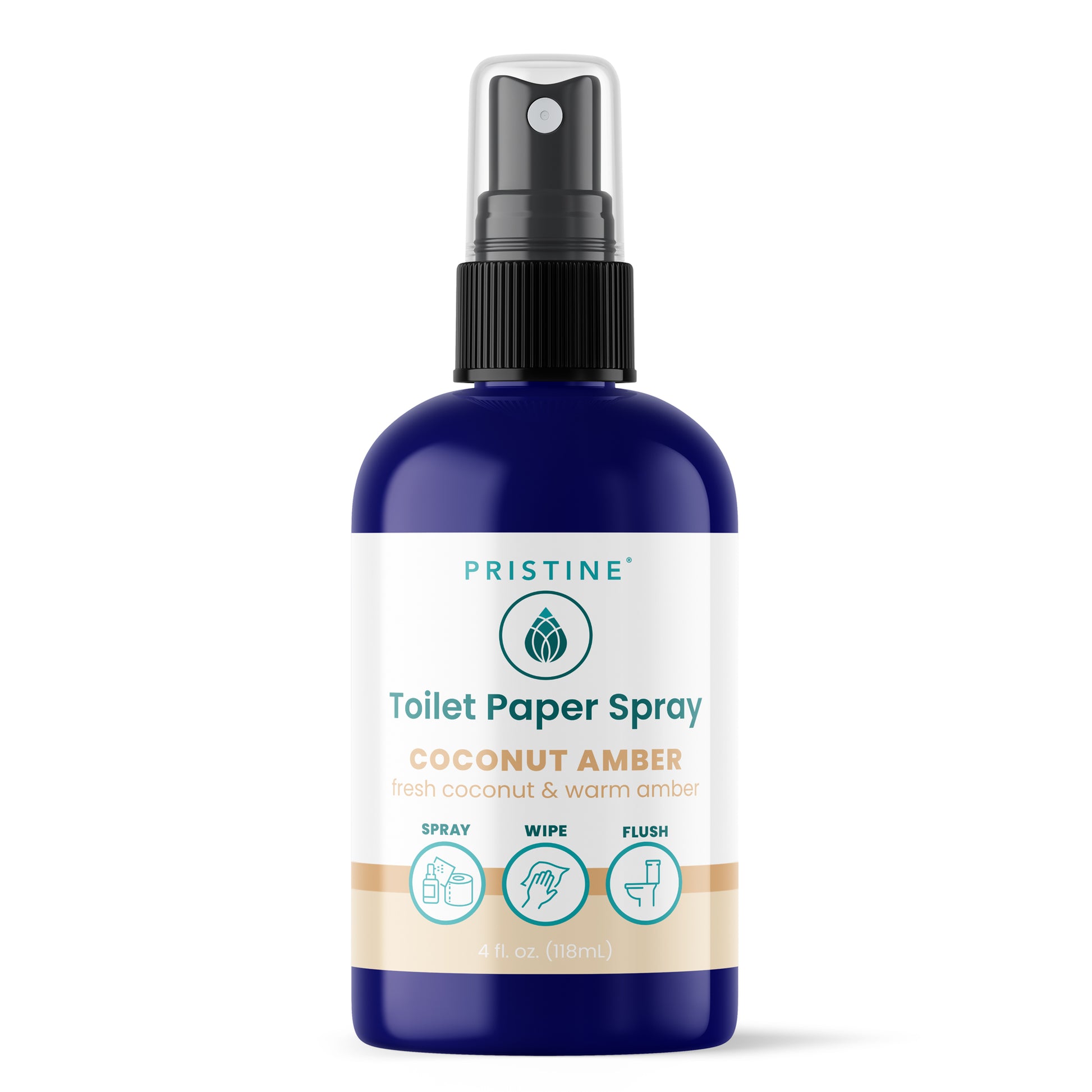 Pristine Toilet Paper Spray bottle with coconut amber scent on a white background