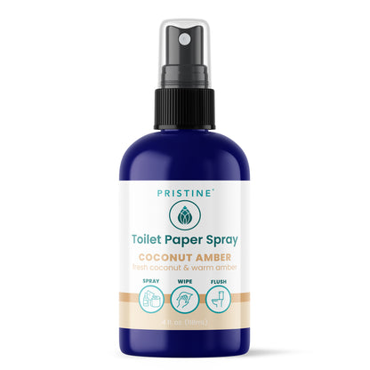 Pristine Toilet Paper Spray bottle with coconut amber scent on a white background