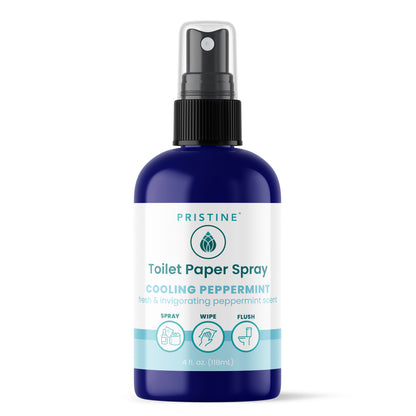Pristine Toilet Paper Spray bottle with cooling peppermint scent on a white background