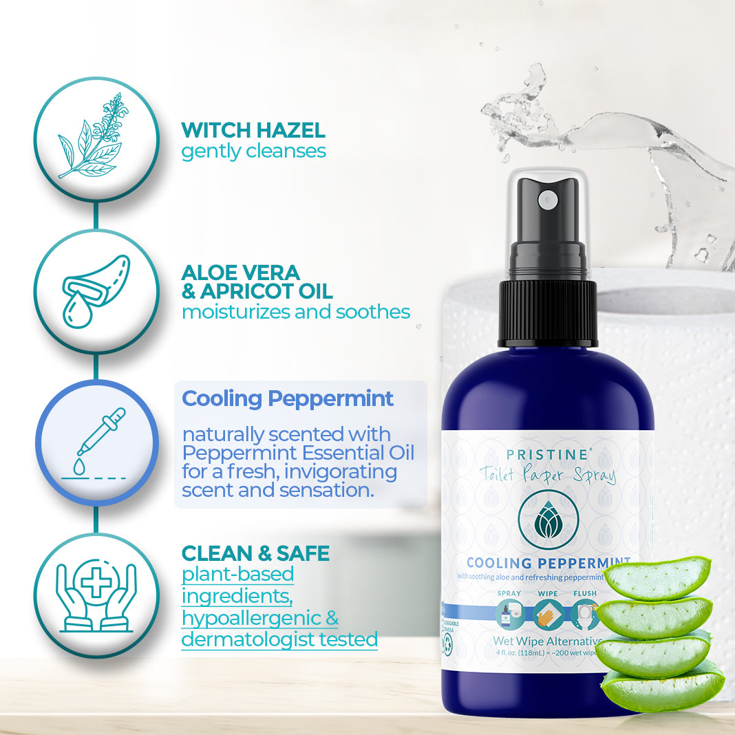 Pristine Toilet Paper Spray Wet Wipe Alternative bottle with list of plant-based ingredients - witch hazel, aloe vera, apricot oil, dermatologist tested