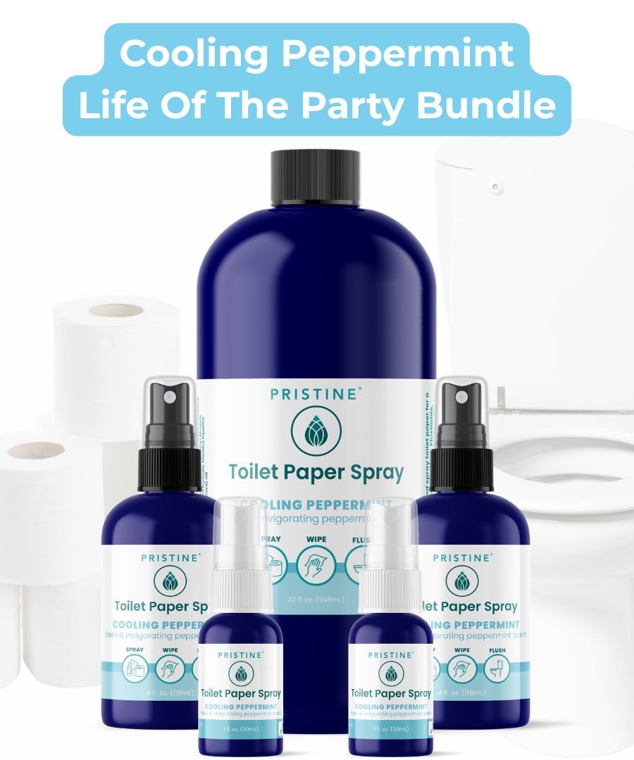 Pristine Toilet Paper Spray wet wipe alternative Cooling Peppermint bundle with refill bottle and 4 recyclable bottles