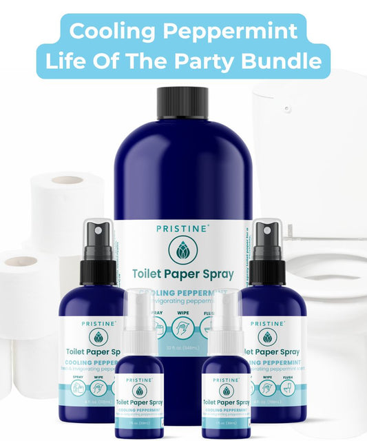 Pristine Toilet Paper Spray wet wipe alternative Cooling Peppermint bundle with refill bottle and 4 recyclable bottles