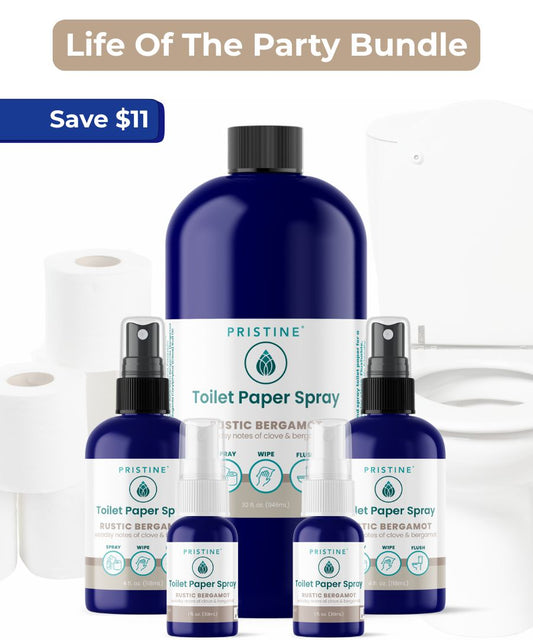 Pristine Toilet Paper Spray and related products with a 'Life of the Party Bundle' offer on a white background.