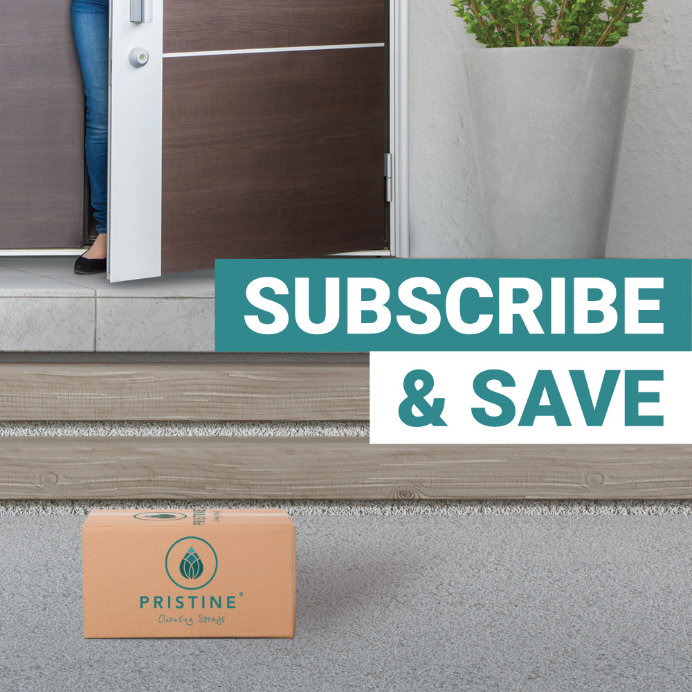 Pristine Toilet Paper Spray shipping box on front door step. Subscribe & Save text.