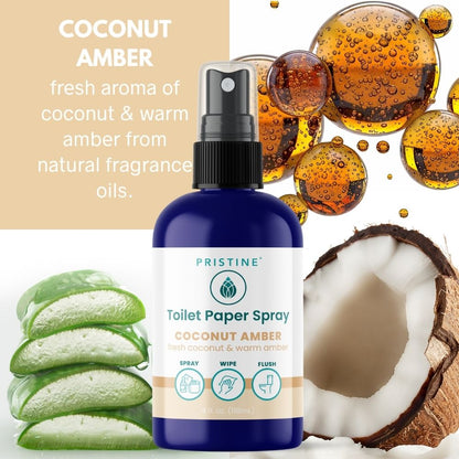 Toilet paper spray bottle with coconut and amber theme on a light background