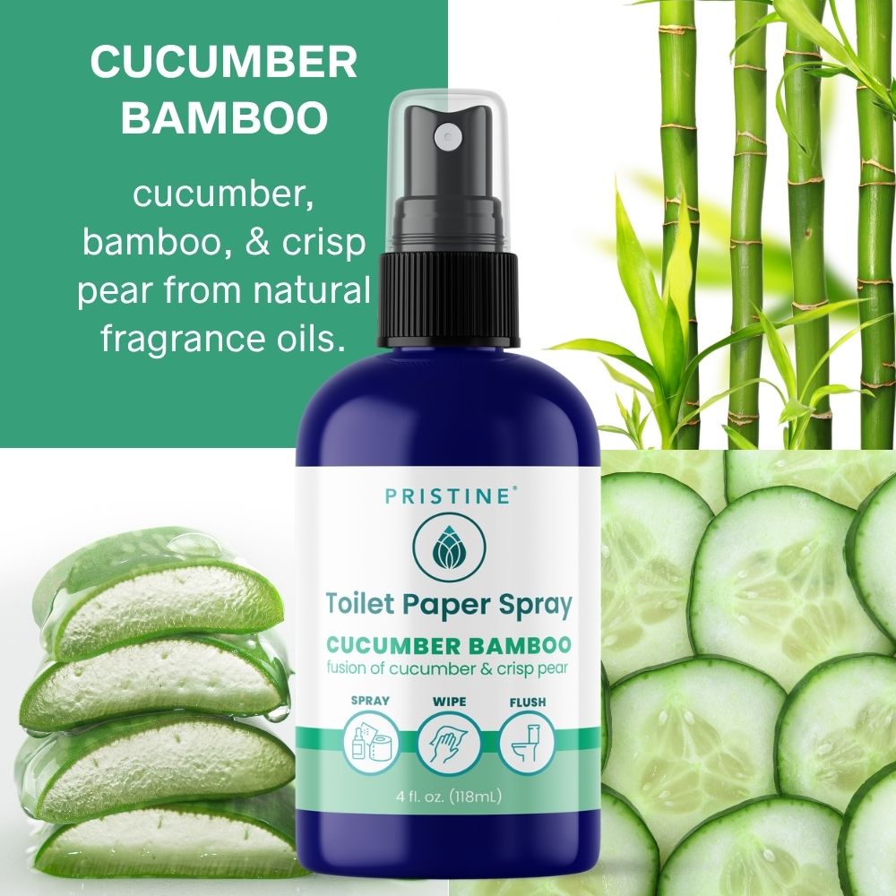 Pristine Cucumber Bamboo toilet paper spray bottle with bamboo and cucumber slices on a green background