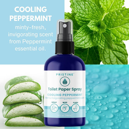 Bottle of Pristine Toilet Paper Spray with peppermint leaves and aloe vera slices on a blue and green background.