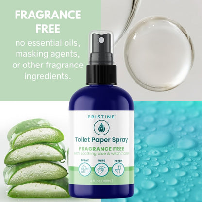 Pristine toilet paper spray bottle with aloe vera, oils, and spray background