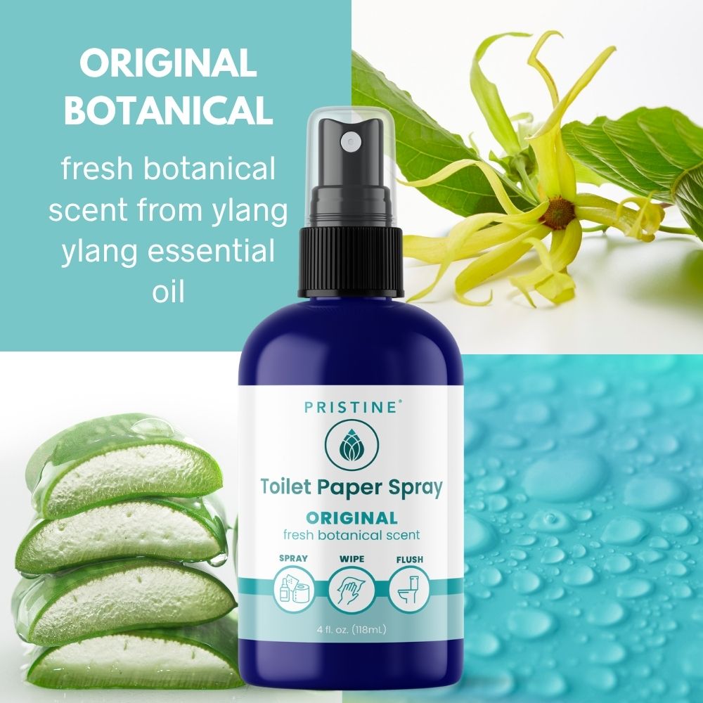 Bottle of Pristine Toilet Paper Spray with botanical elements and text on a light blue background