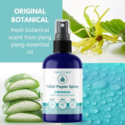 Bottle of Pristine Toilet Paper Spray with botanical elements and text on a light blue background