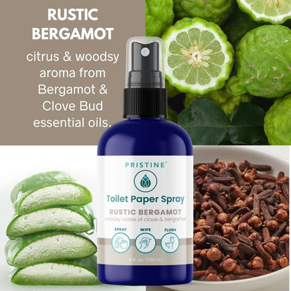 Toilet paper spray bottle with rustic bergamot description and ingredients on a background of bergamot fruits and cloves.