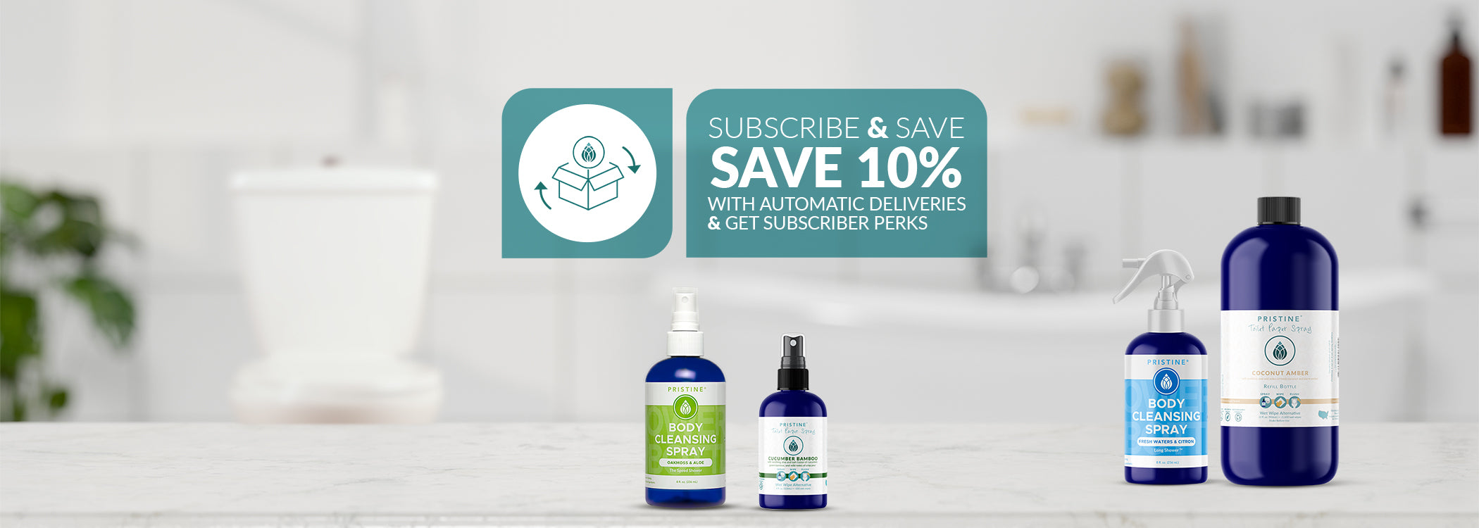 Image of shipping box with Pristine waterdrop logo. Subscribe & Save 10% with automatic deliveries & Subscription perks. Background image in bathroom setting with Pristine toilet paper sprays and body cleansing sprays