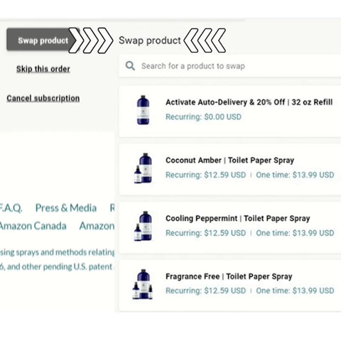 GIF depicting Pristine's subscribe & save personal dashboard. Arrows pointing at toggle box to change deliveries.