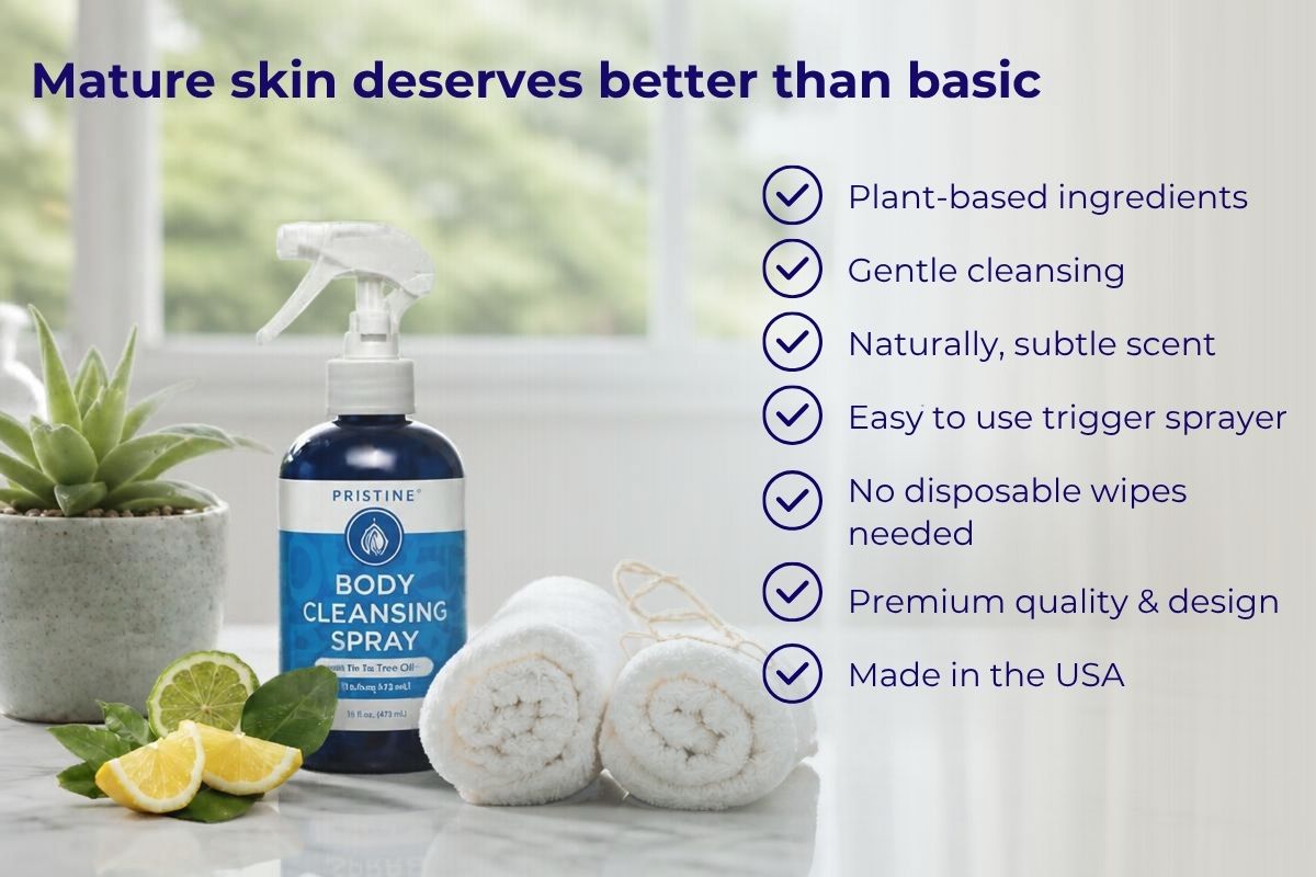 Pristine Body Cleansing Spray bottle with plant and citrus with washcloths, set to backdrop of countertop near window.