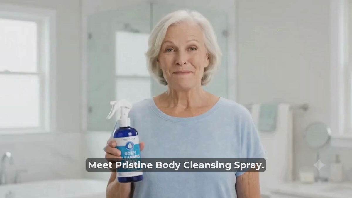 Load video: Video of a senior woman demonstration Pristine Body Cleansing Sprays ability to clean the skin