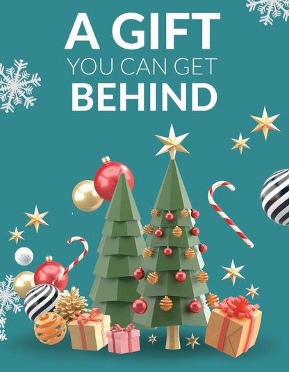 Gift card. A gift you can get Behind. Image of a holiday tree