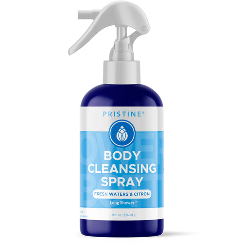 Pristine Body Cleansing Spray Long Shower - Fresh Waters & Citron scent bottle on white background