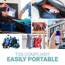 Compilation of images with Pristine Toilet Paper Spray 1 oz bottle being transported in different bags to demonstrate portability.  TSA Compliant. Easily Portable.