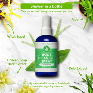 Pristine Body Cleansing Spray, Aloe & Herb scent  bottle surrounded by green herbs. Graphic includes text  highlighting certain ingredients. All ingredients can be found in text form on product page. Ingredients include: witch hazel, aloe, chilean soap bark, kelp extract.