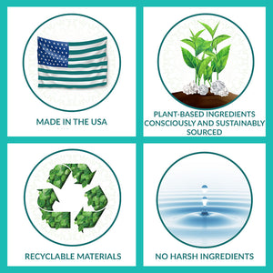 USA flag with statement "Made in the USA".  Green herbs with statement "Plant-based ingredients consciously and sustainably sourced".  Recycle arrow in green color with statement, "Recyclable Materials".  Water droplet with statement, "no harsh chemicals."