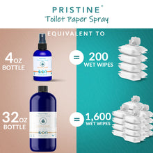 Toilet Paper Spray Product sizes listing comparison to wet wipes. 4 oz = 200 wet wipes. 32 oz = 1,600 wet wipes.