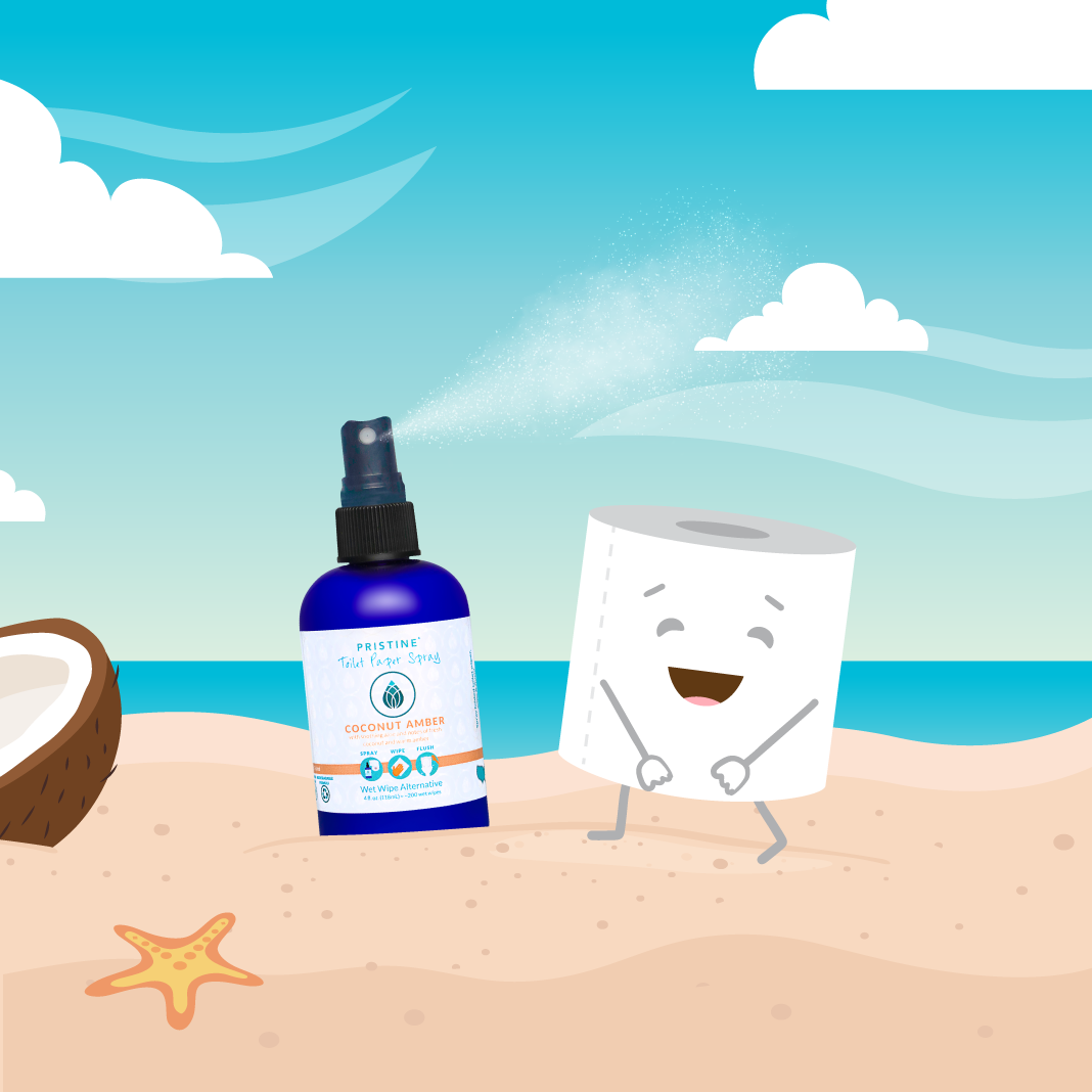 Graphic of Pristine Toilet Paper Spray 4 oz bottle with toilet paper on a beach.