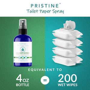 Toilet Paper Spray Product sizes listing comparison to wet wipes. 4 oz = 200 wet wipes