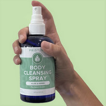 Person's hand holding Body Cleansing Spray bottle against green background