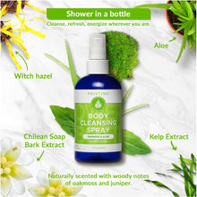 Pristine Body Cleansing Spray, Oakmoss & Aloe bottle surrounded by green herbs. Graphic includes text  highlighting certain ingredients. All ingredients can be found in text form on product page. Ingredients include: witch hazel, aloe, chilean soap bark, kelp extract.