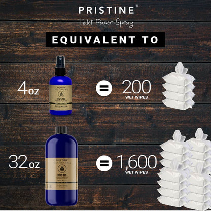 Toilet Paper Spray Product sizes listing comparison to wet wipes. 4 oz = 200 wet wipes. 32 oz = 1,600 wet wipes.
